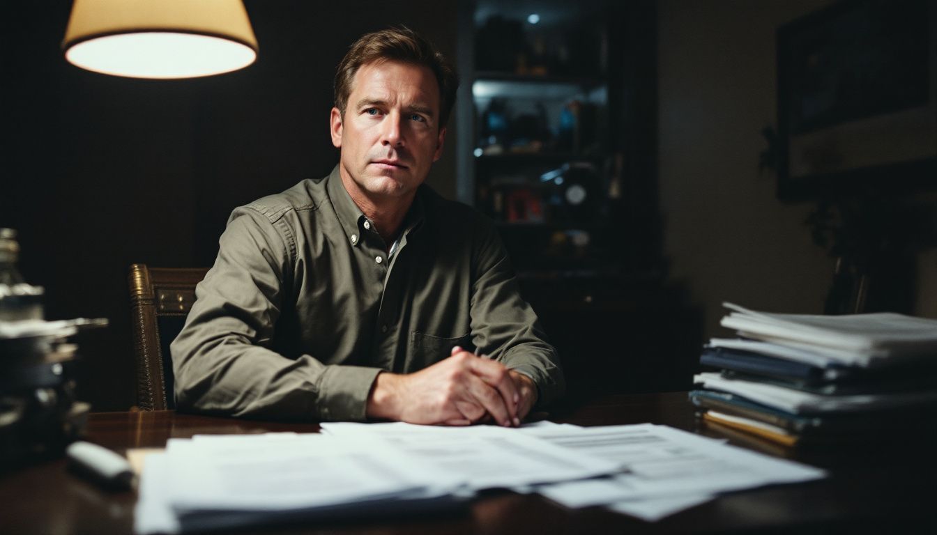 An NFL team owner reviews coaching candidates' resumes in his office.