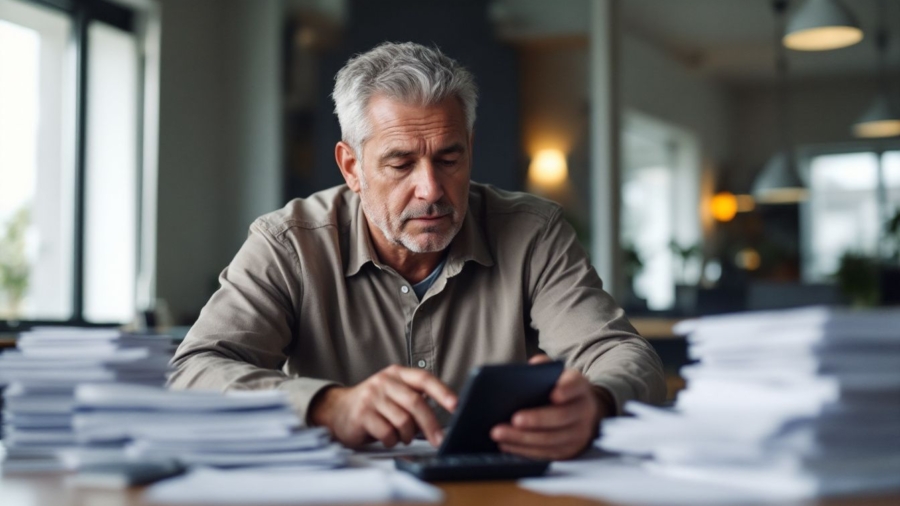 NFL team owner reviewing financial reports in modern office with stacks of paperwork.