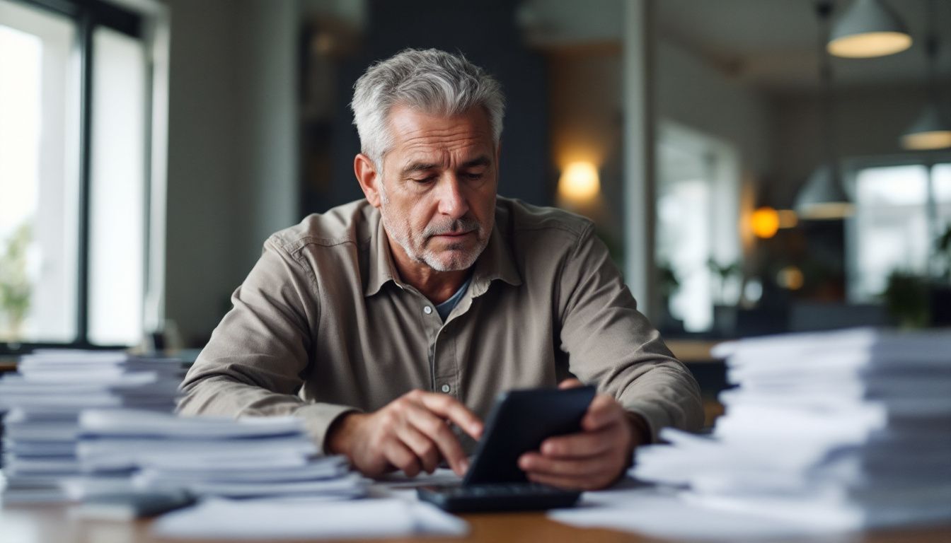 NFL team owner reviewing financial reports in modern office with stacks of paperwork.