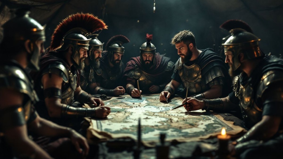 A group of Roman soldiers strategize around a map in a tent.
