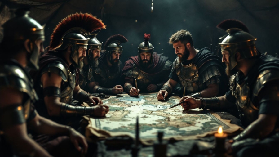 A group of Roman soldiers strategize around a map in a tent.