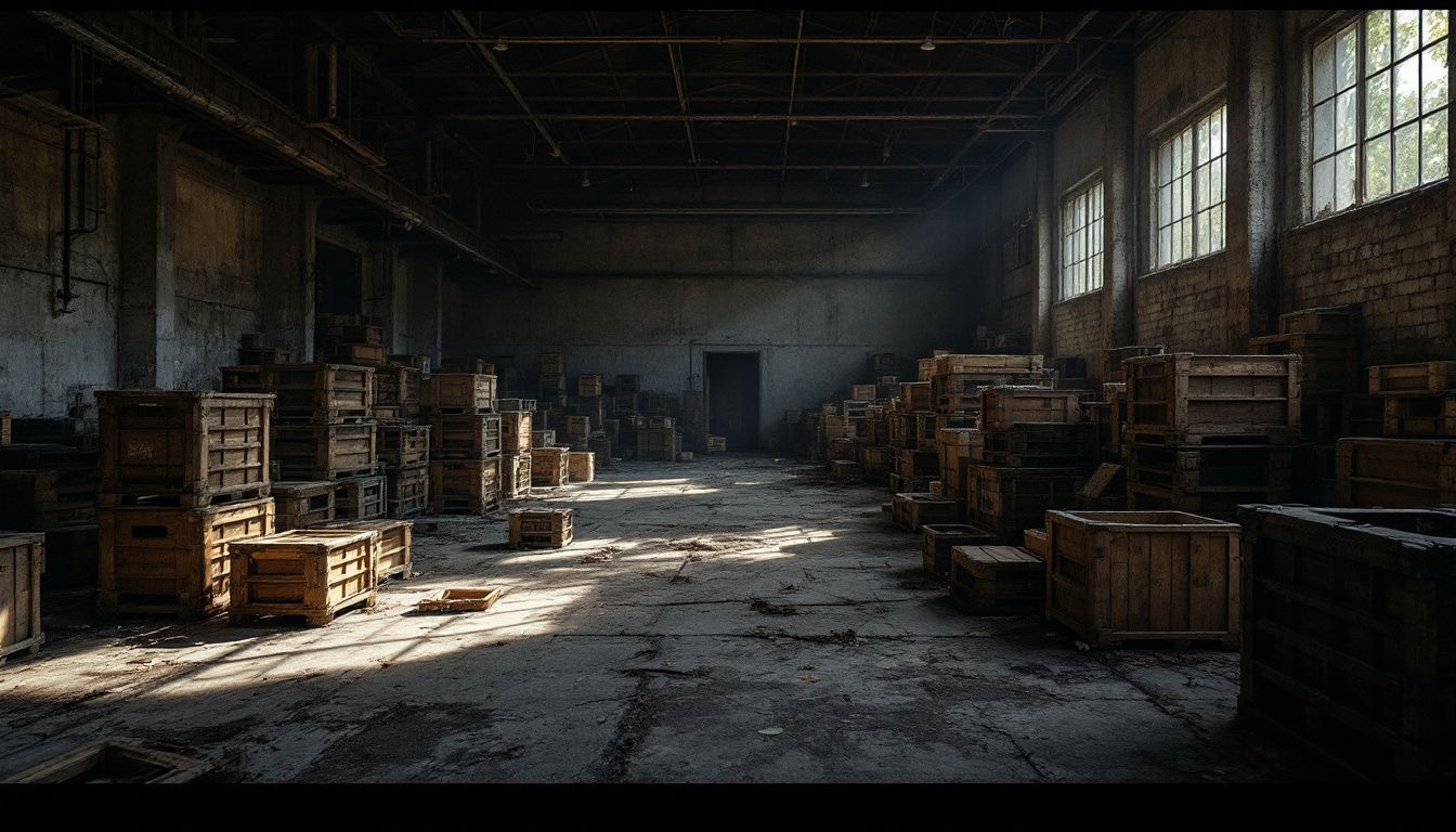 An abandoned warehouse filled with old wooden crates and decay.