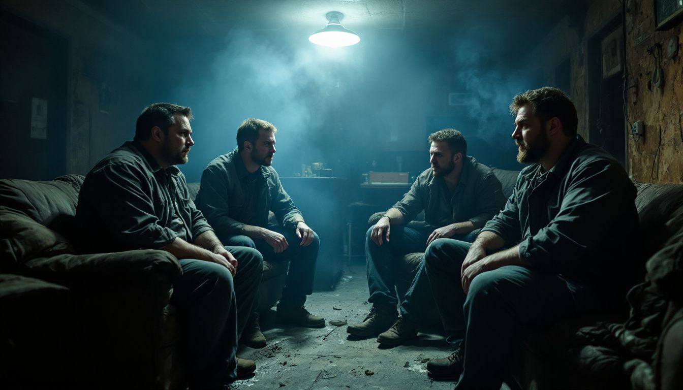 A group of men in casual clothing engaged in a serious discussion.