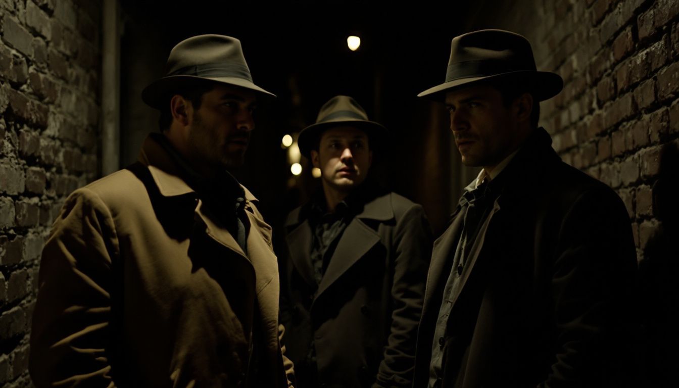 Three individuals in fedoras and trench coats stand in dim alley.