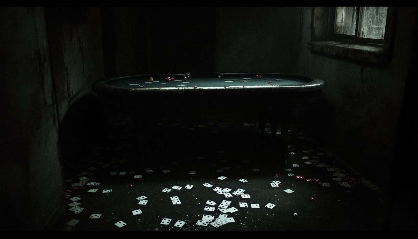 A dimly lit back alley with scattered gambling items creating an ominous atmosphere.
