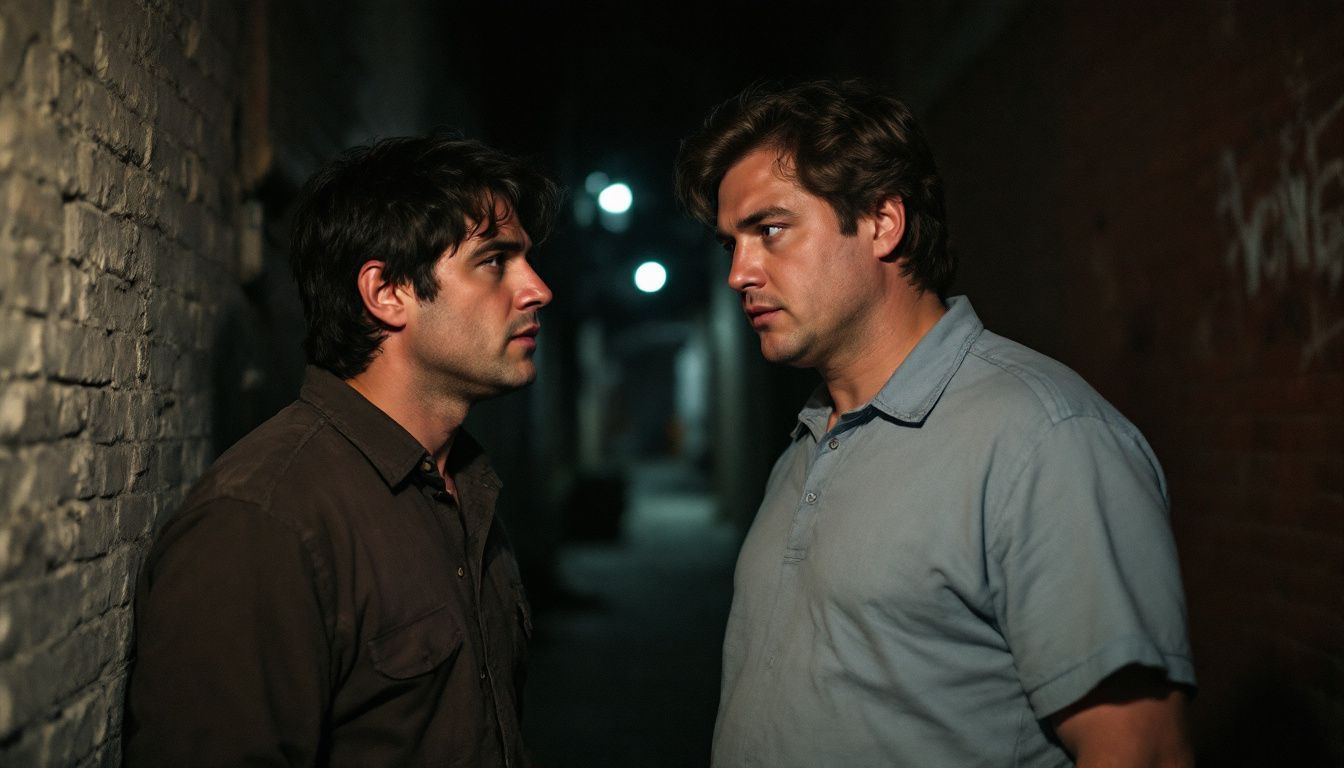Two men having a serious conversation in a dim back alley.