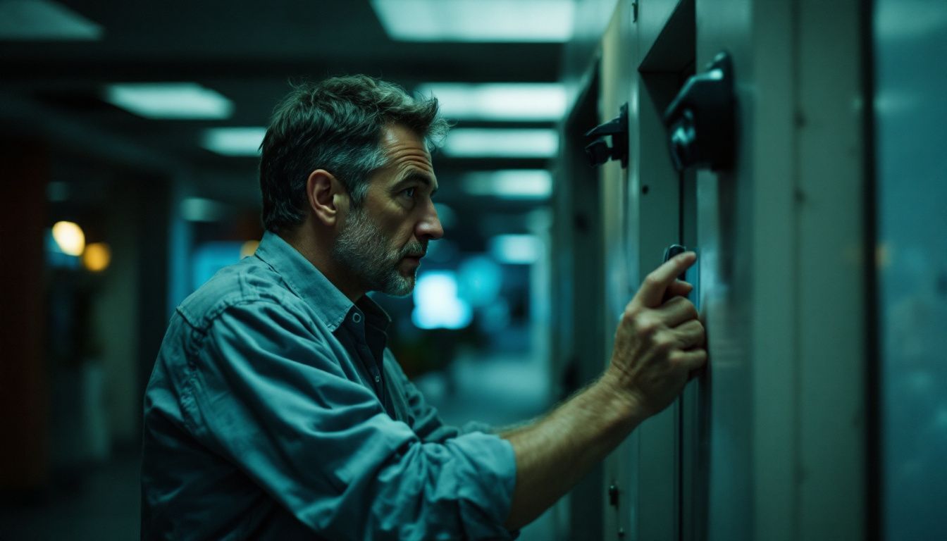 A man in casual clothing is planting hidden cameras in an office.