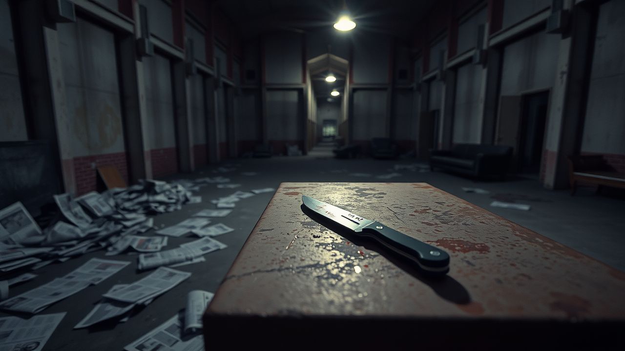 An eerie scene of an abandoned warehouse with scattered newspapers and a bloodied knife.