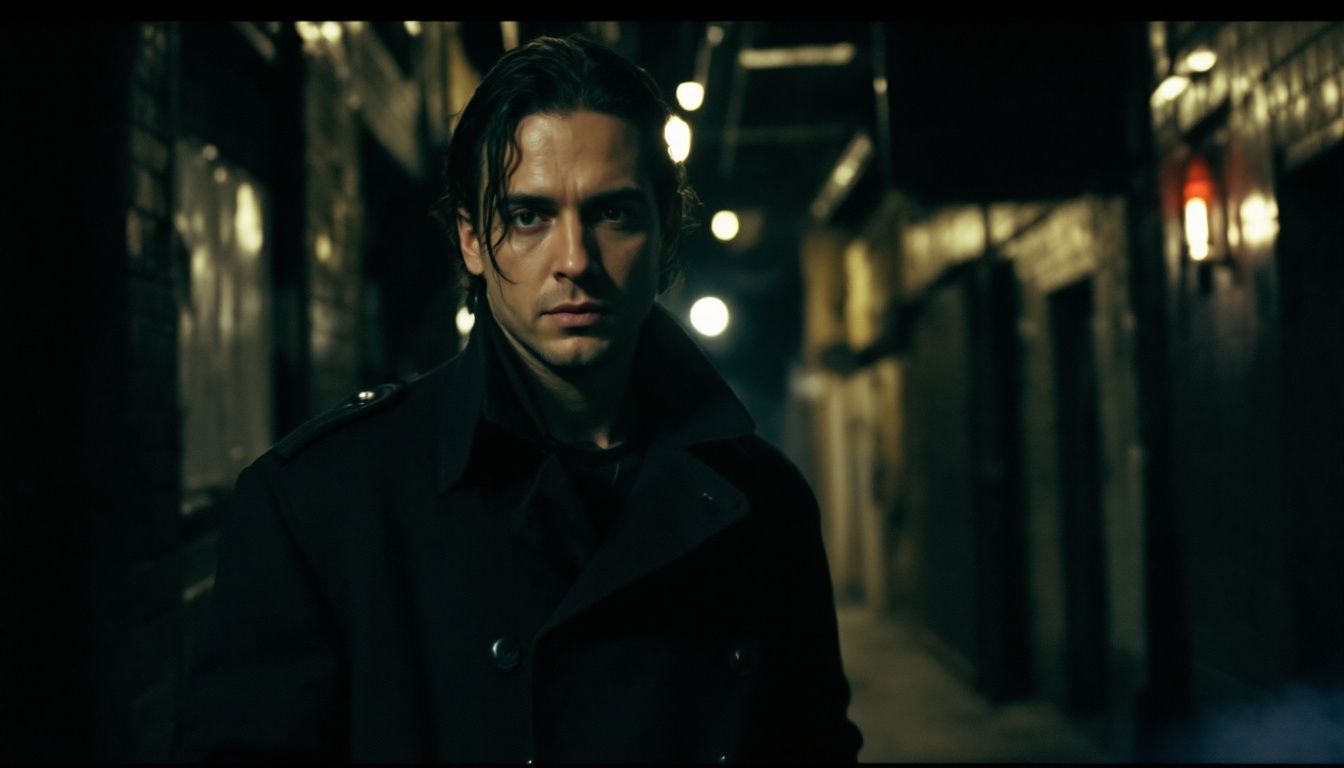 A mysterious figure in a dark alley with a gritty atmosphere.