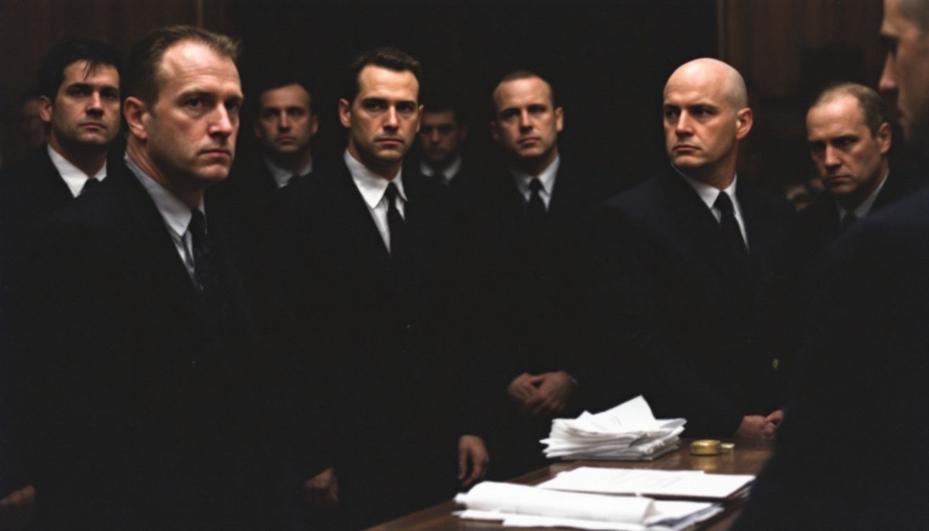 A group of men in suits face trial for their involvement in Murder, Inc.