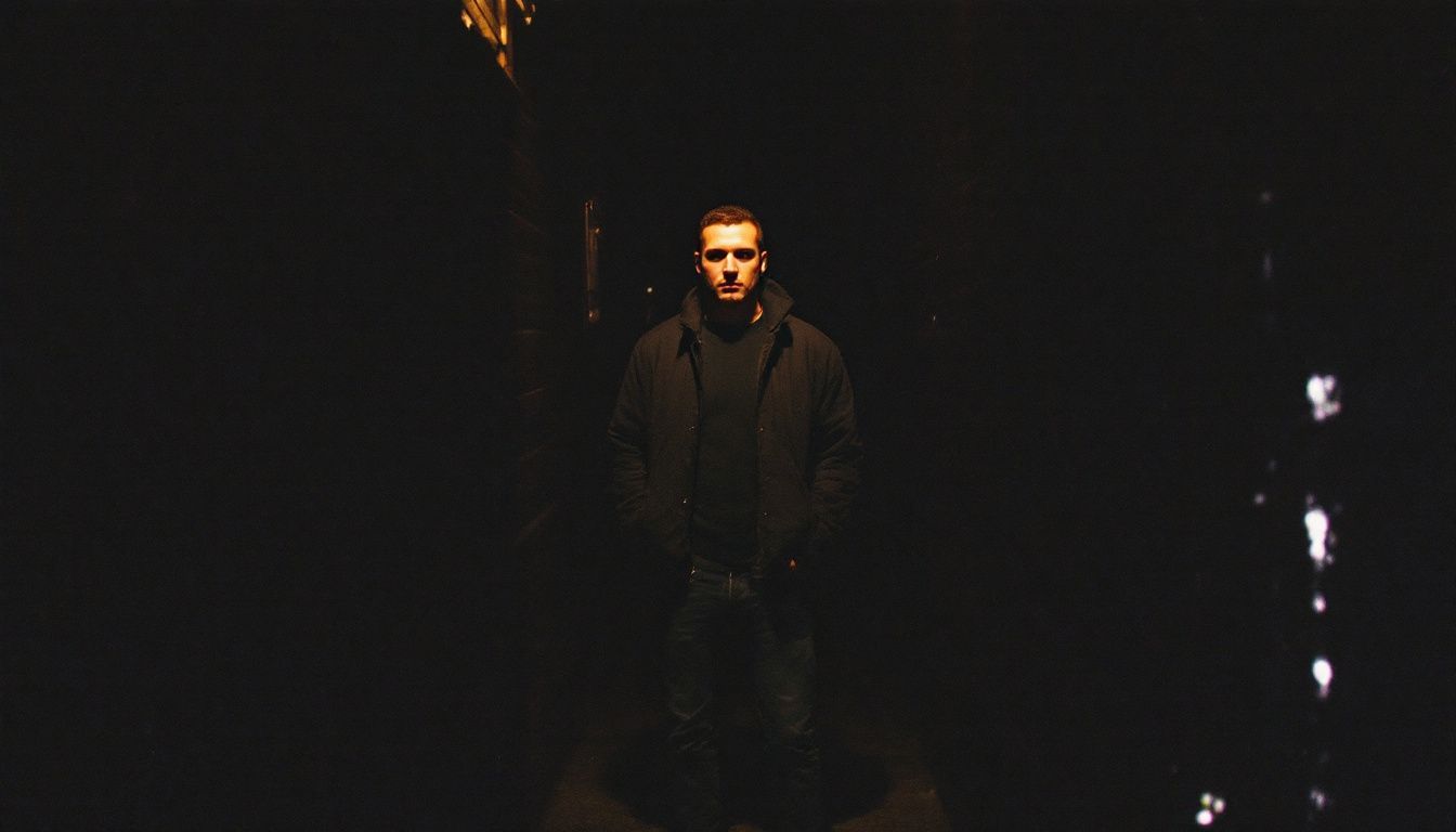 A figure standing in a dimly lit city alley.