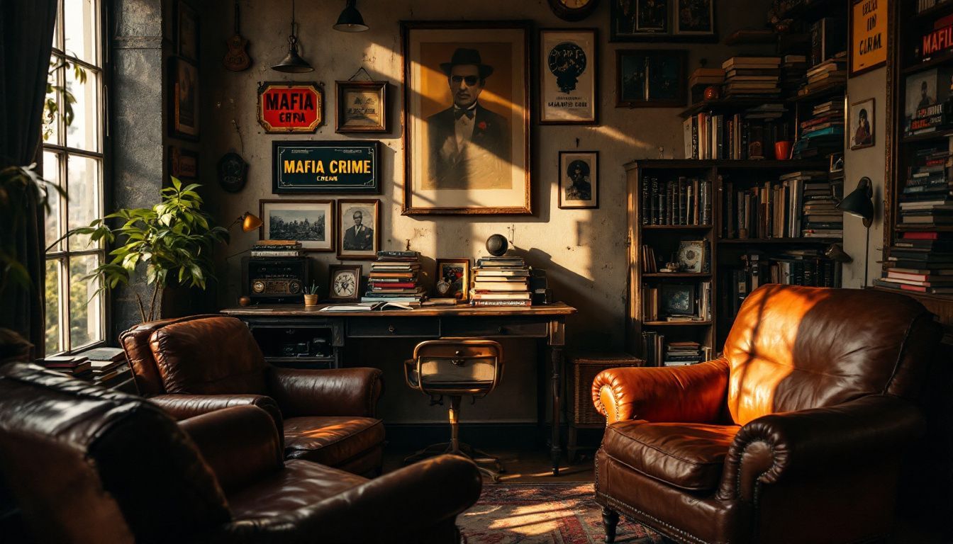 A vintage study room with mafia memorabilia and leather armchairs.