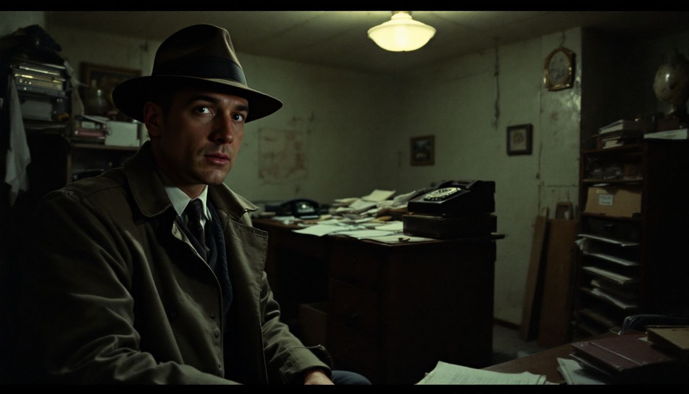 A person in a trench coat standing in a cluttered basement office.