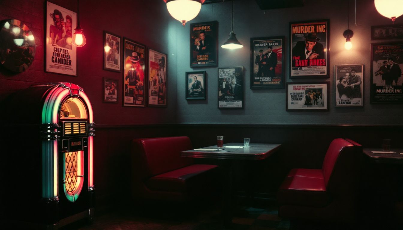 A dimly lit bar with vintage jukebox and classic gangster movie posters.