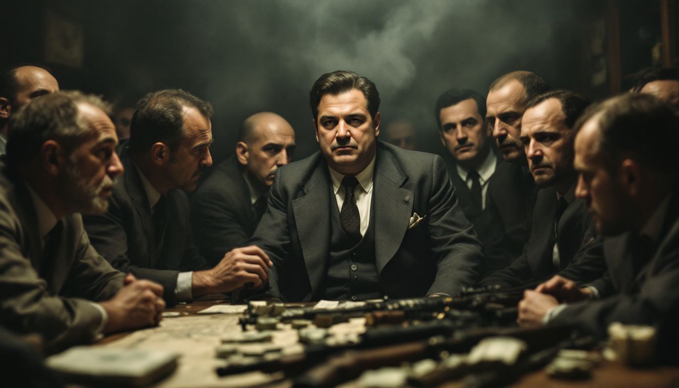 A group of men in a smoke-filled room discussing a serious matter.