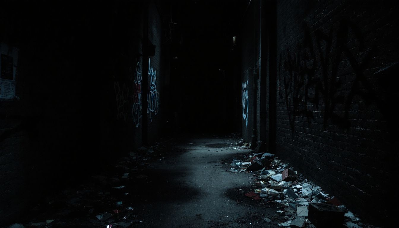 A dark alley with graffiti-covered walls and broken glass.