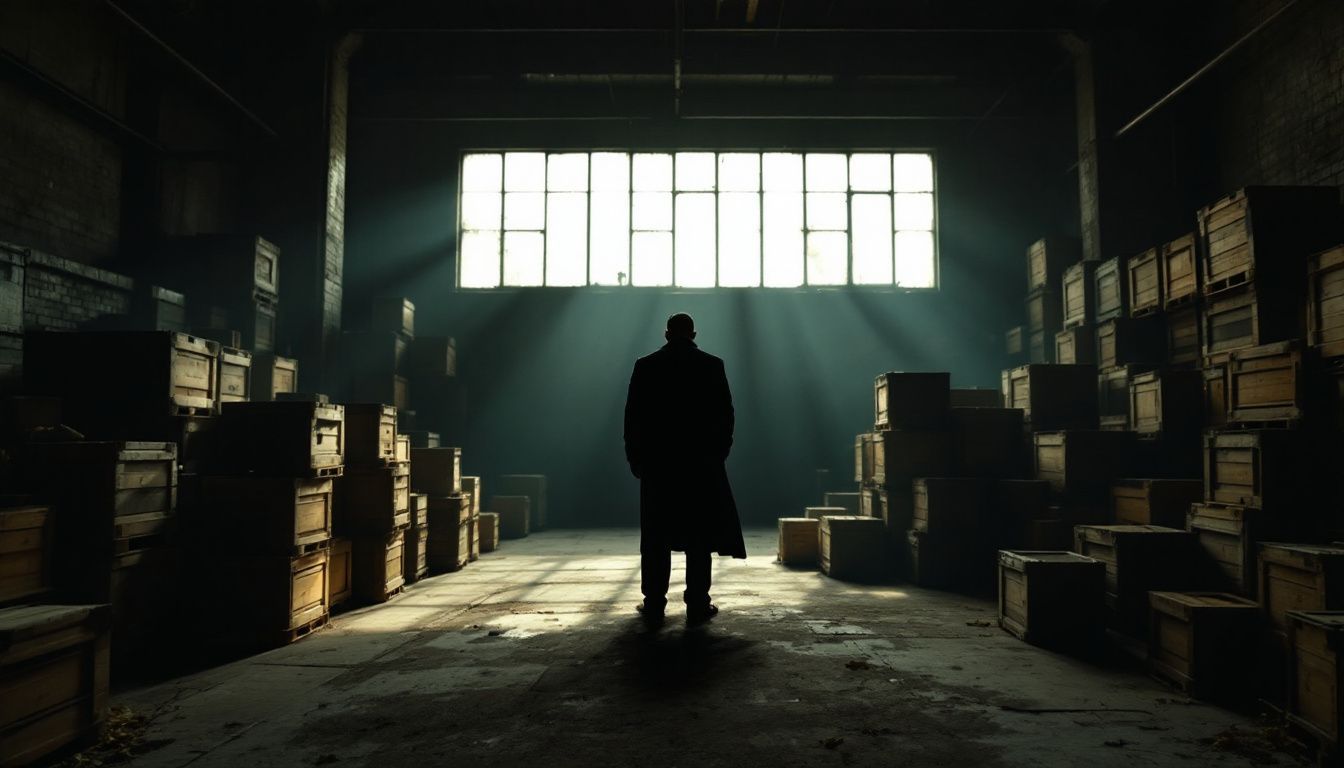 An old warehouse in Brooklyn with stacked wooden crates and barrels.