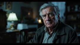 An elderly man with a serious expression in a vintage room.