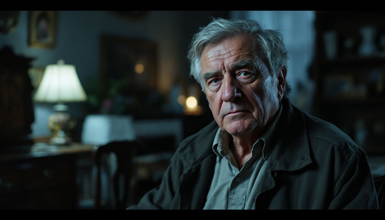 An elderly man with a serious expression in a vintage room.