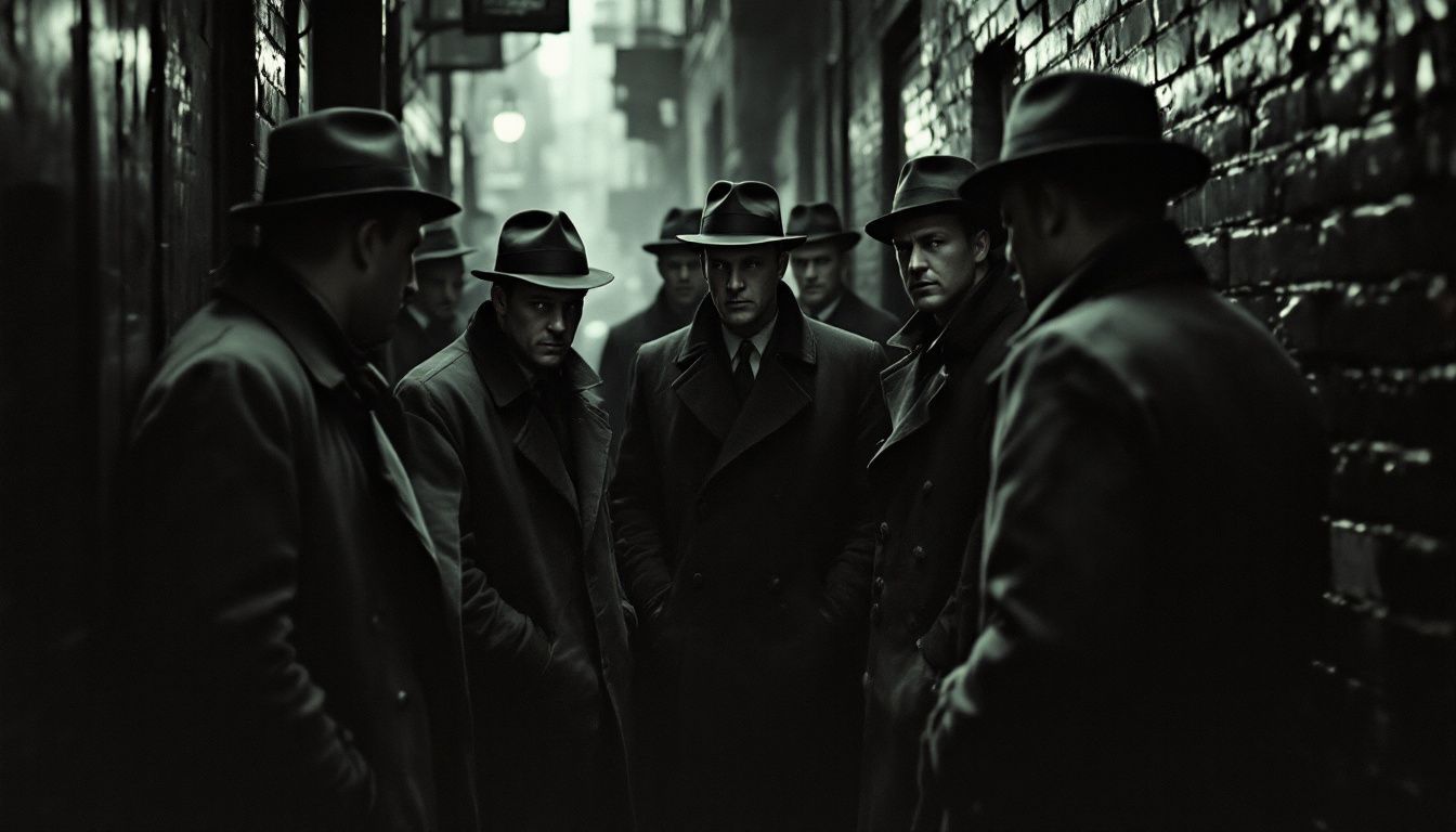 A group of men in 1940s attire gather for a secret meeting.