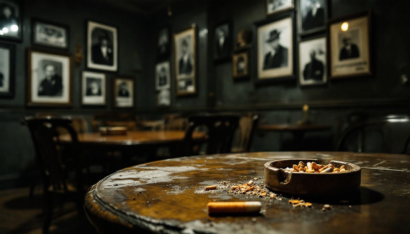 A dimly lit underground meeting room with vintage furniture and mob boss photos.