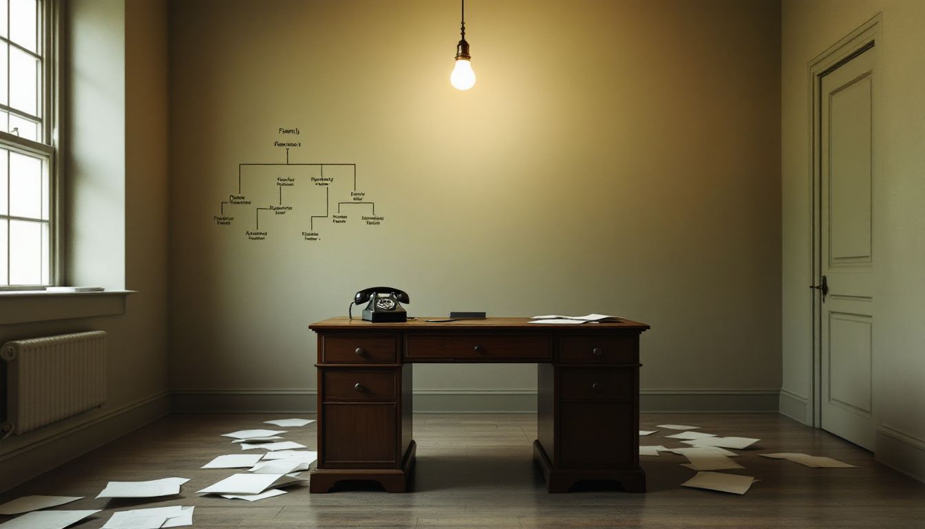 A vintage desk with a rotary phone and family crime chart.