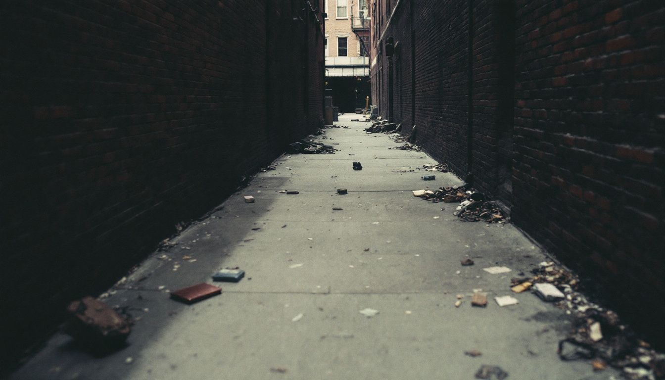 A deserted alleyway in NYC with scattered items hinting at a secret meeting.
