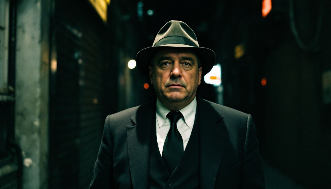 A man in a sharp suit and fedora stands in a dim alley.