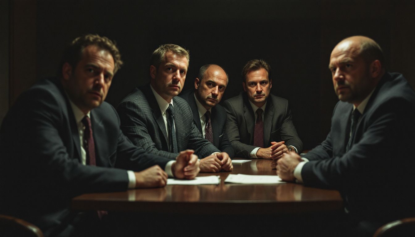 A group of five serious men in suits having an important discussion.