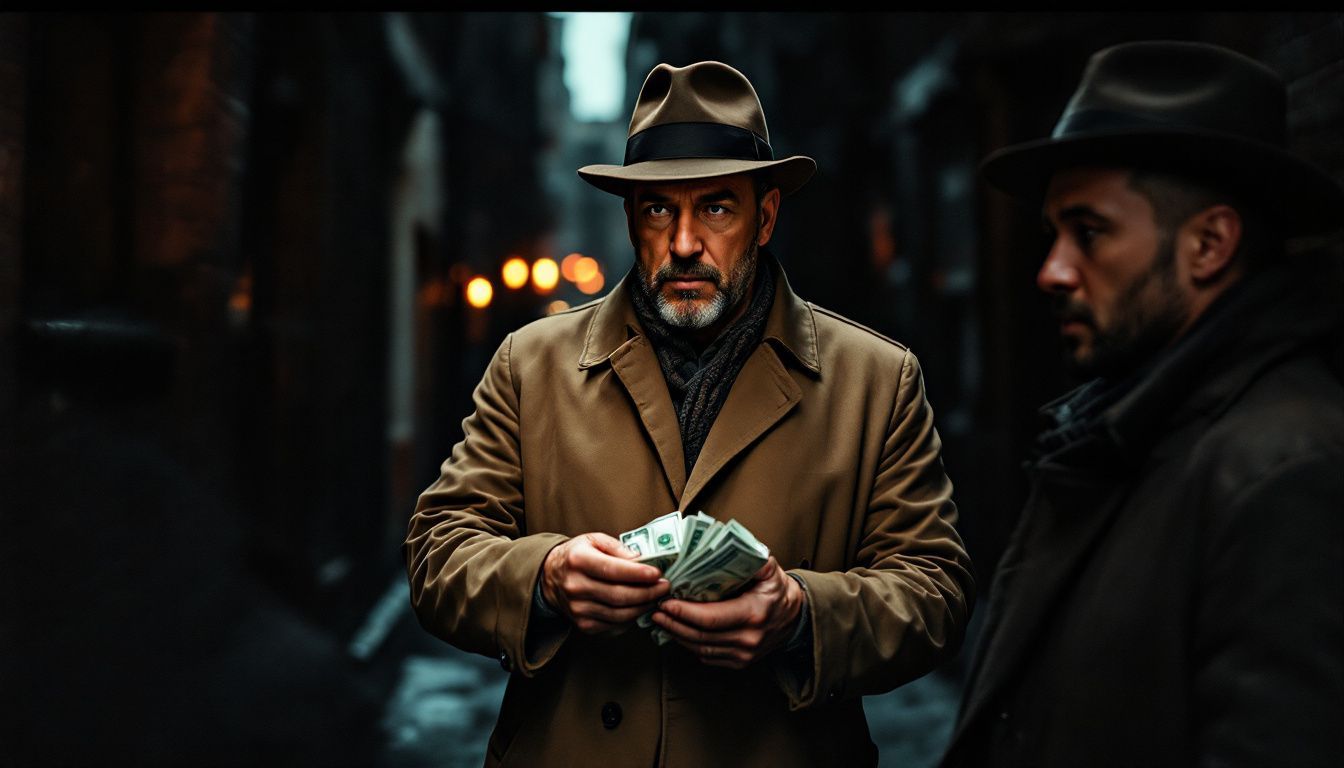 Two men exchange cash in a dimly lit New York City alleyway. Two men exchange cash in a dimly lit New York City alleyway.