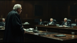 A lawyer presents final arguments in a somber courtroom during Murder Inc. trials.