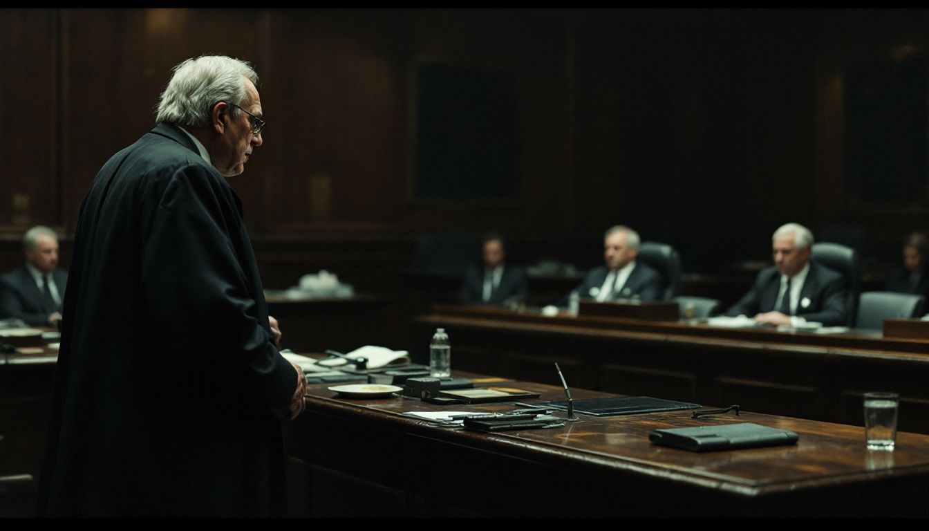 A lawyer presents final arguments in a somber courtroom during Murder Inc. trials. A lawyer presents final arguments in a somber courtroom during Murder Inc. trials.