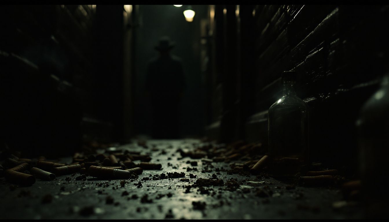 An atmospheric 1920s New York City alley with scattered debris. An atmospheric 1920s New York City alley with scattered debris.