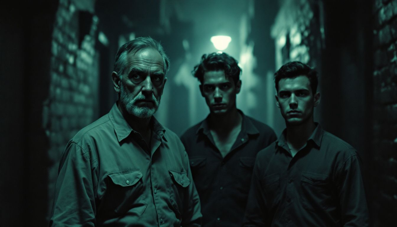 Three men in a dimly-lit alleyway, exuding a sense of mystery and danger. Three men in a dimly-lit alleyway, exuding a sense of mystery and danger.