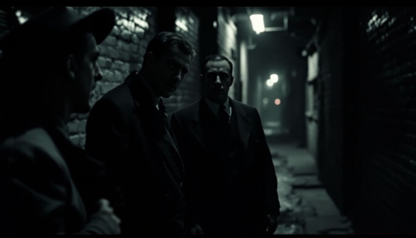 A group of men in 1930s New York City alleyway discussing important information. A group of men in 1930s New York City alleyway discussing important information.