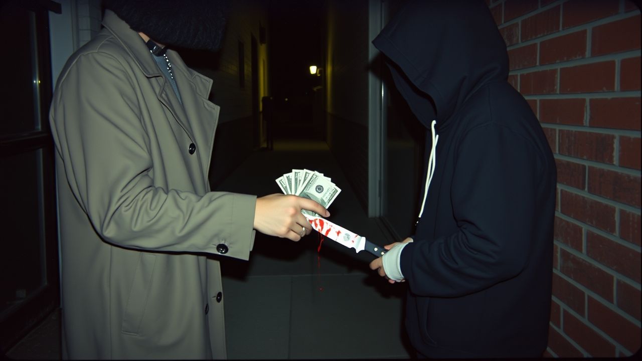 A shady exchange of money and a blood-stained knife in an alleyway. A shady exchange of money and a blood-stained knife in an alleyway.