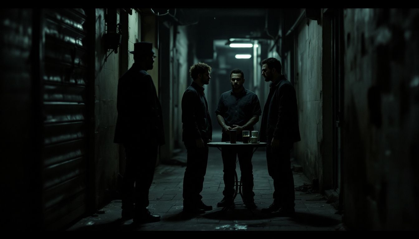 A group of individuals conversing in a dimly lit alleyway as a crime boss keeps watch. A group of individuals conversing in a dimly lit alleyway as a crime boss keeps watch.