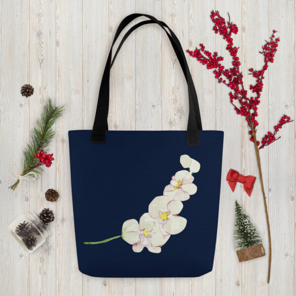 White Orchid Navy Tote Bag - Image 9