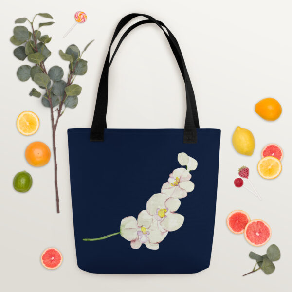 White Orchid Navy Tote Bag - Image 5