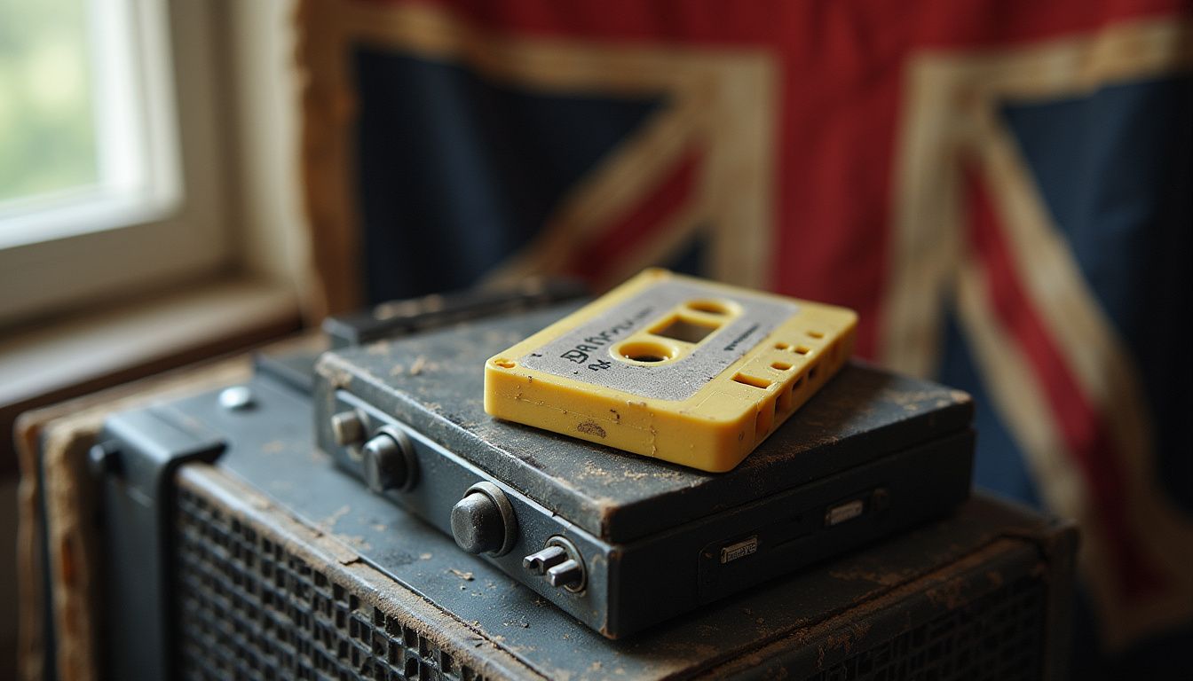 A worn boombox and cassette tape, nodding to 1990s indie scenes.