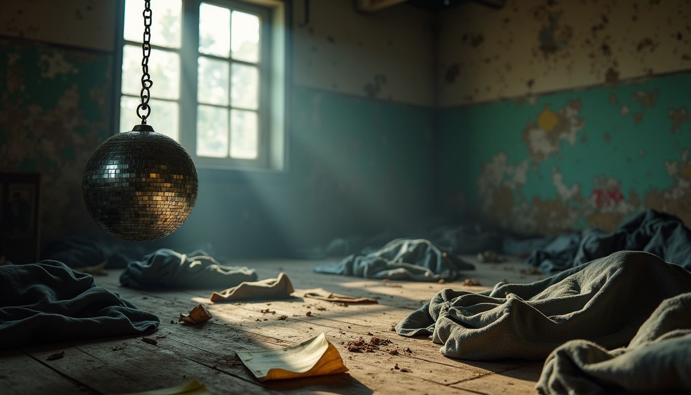 A faded nightclub with old clothes and dusty mementos on display.
