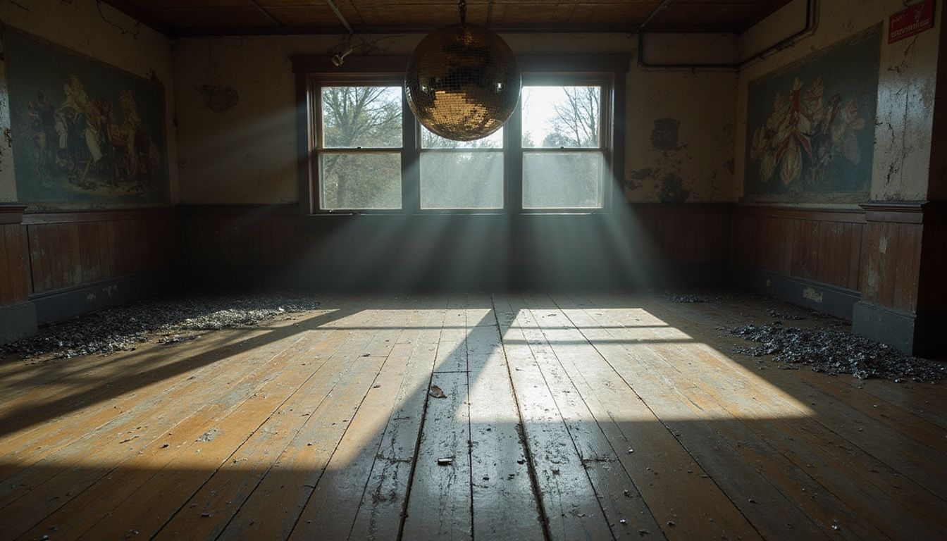 An empty nightclub dance floor with faded murals and chipped paint.