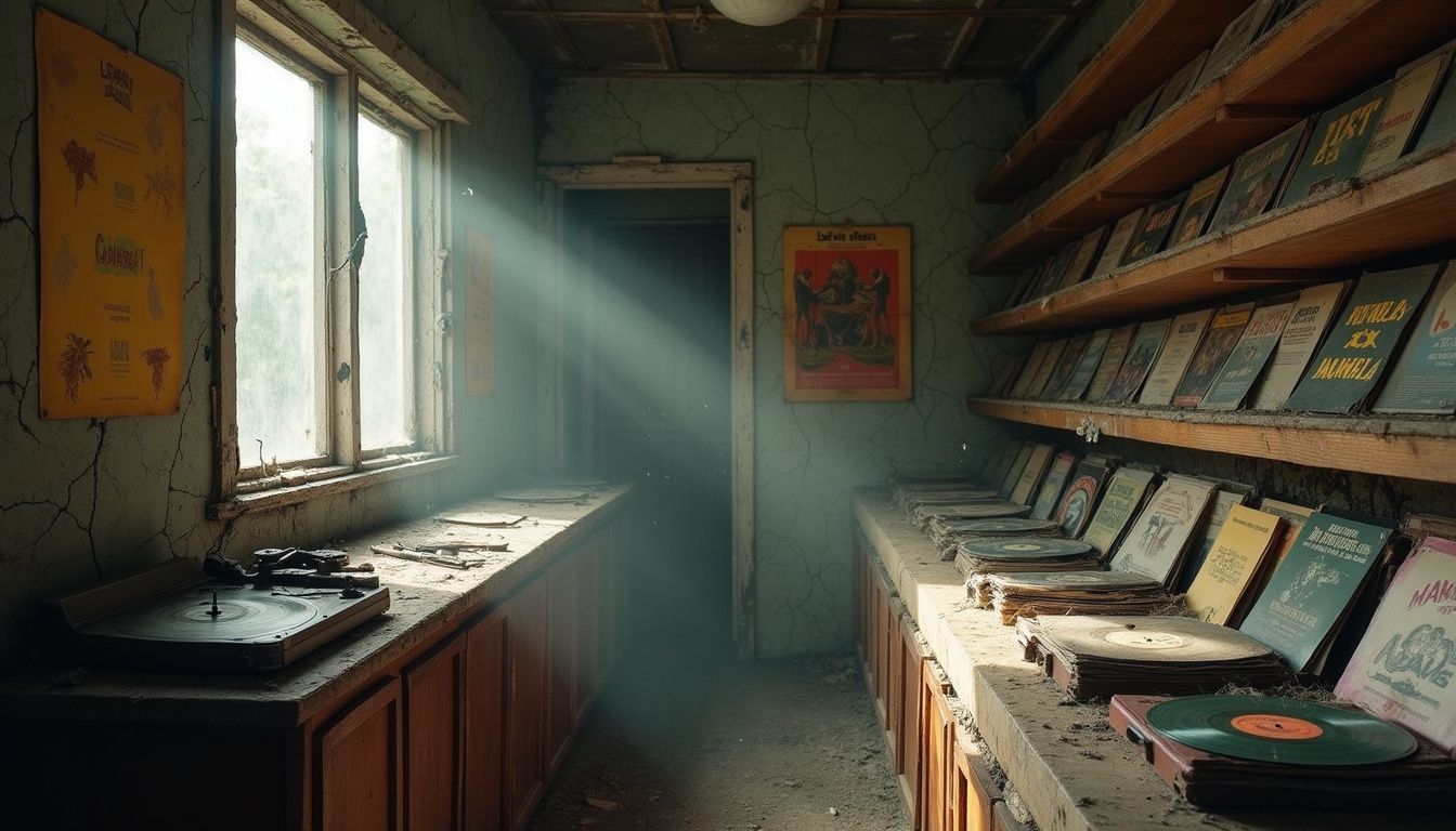Empty record racks, a quiet stage for sampled grooves to return.