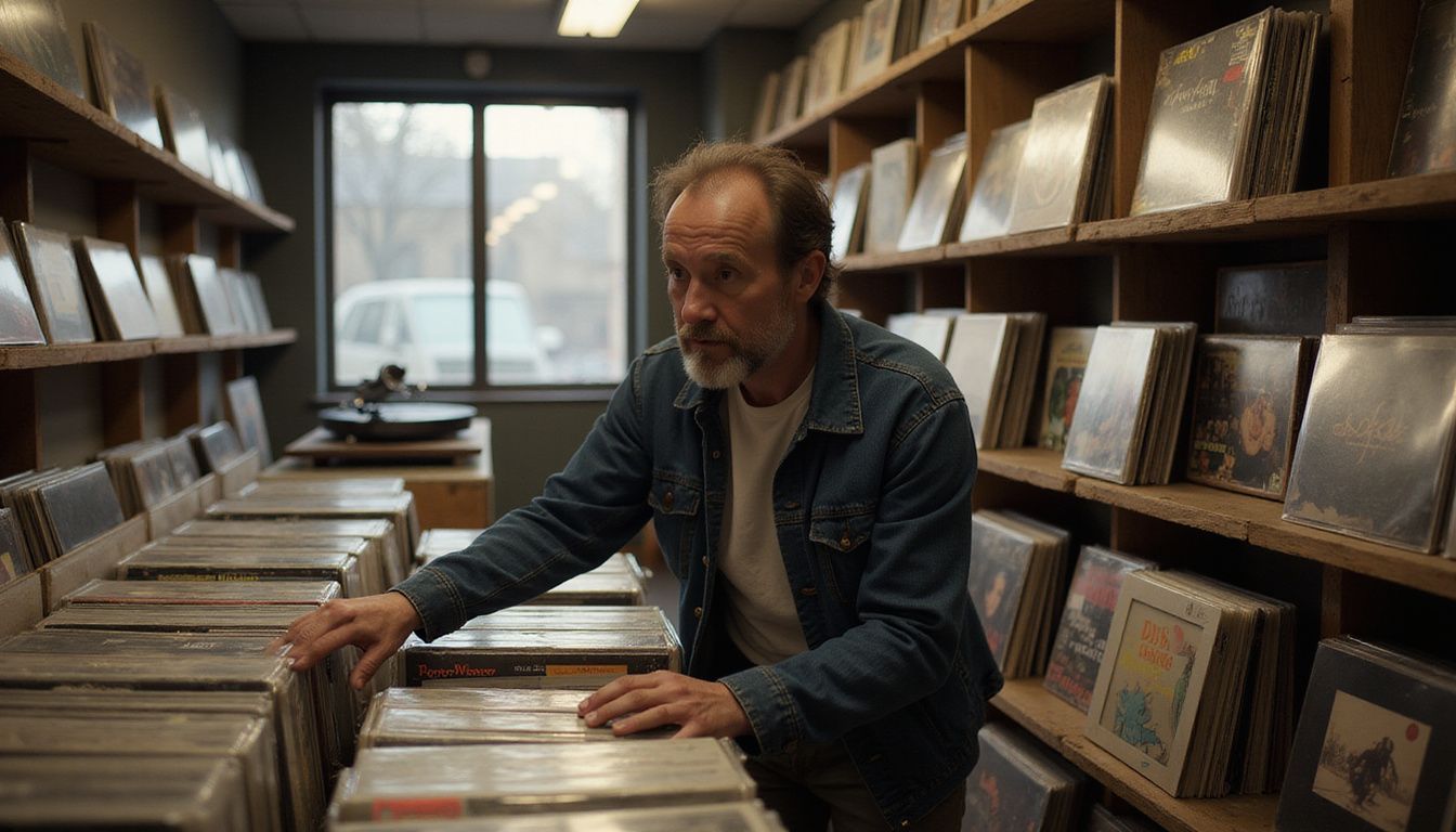 A crate digger scans vinyl spines in a cozy shop corner.