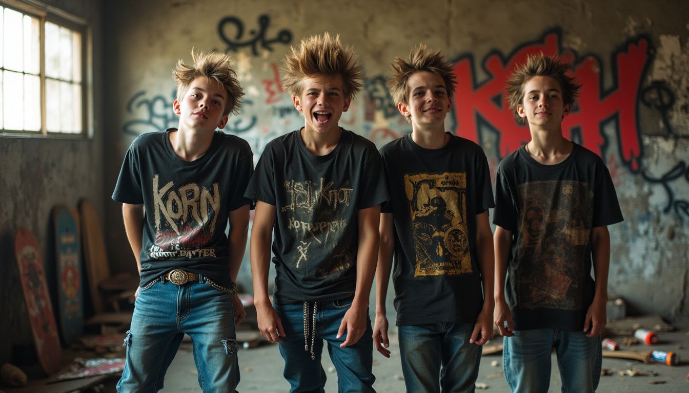 Teens headbanging in a garage with graffiti and scattered gear.