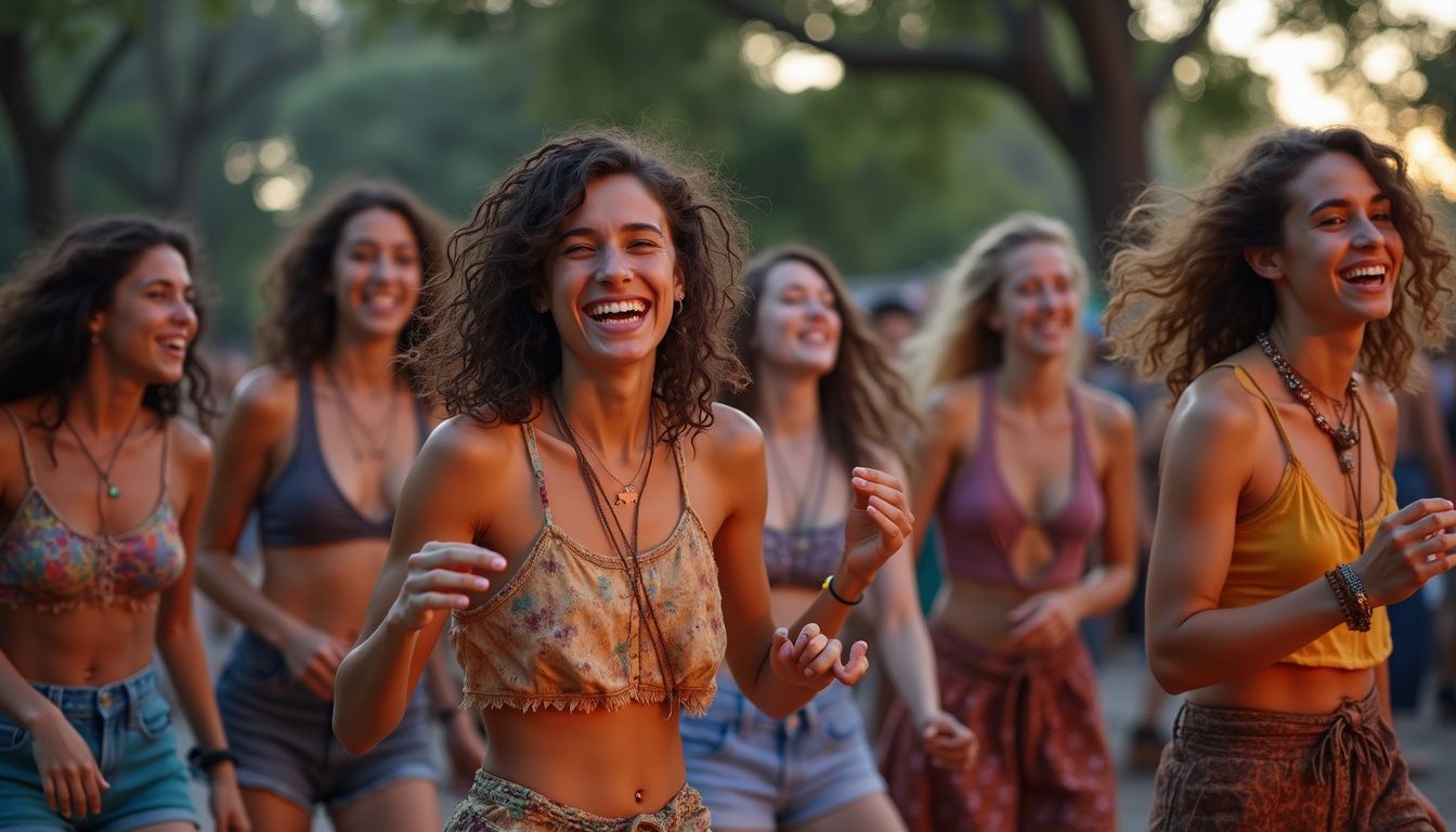 Young fans dancing outdoors at a bright, colorful music festival.