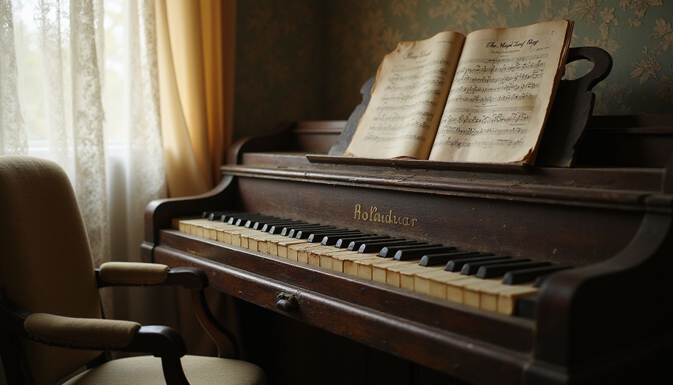 A classic player piano in a faded parlor with warm wood tones.