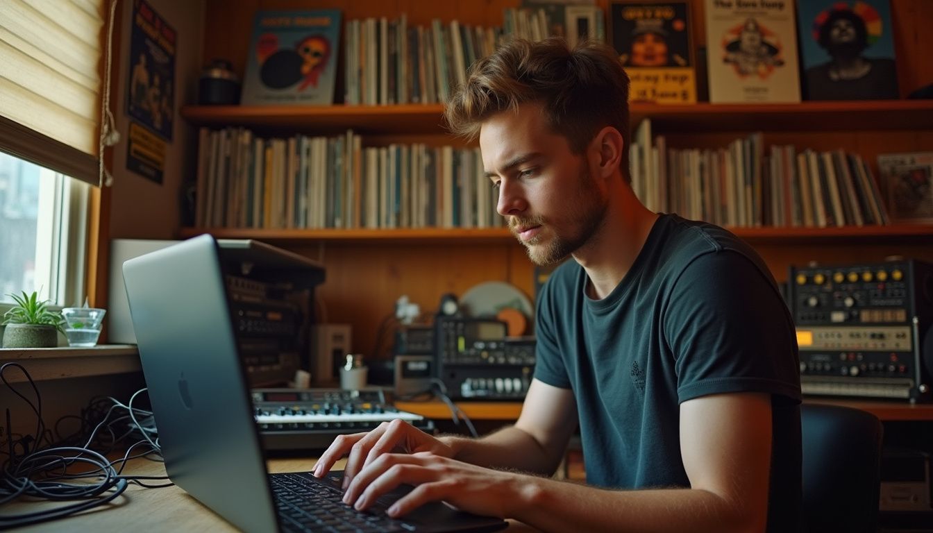 A young producer focused at a small desk studio with glowing screens.