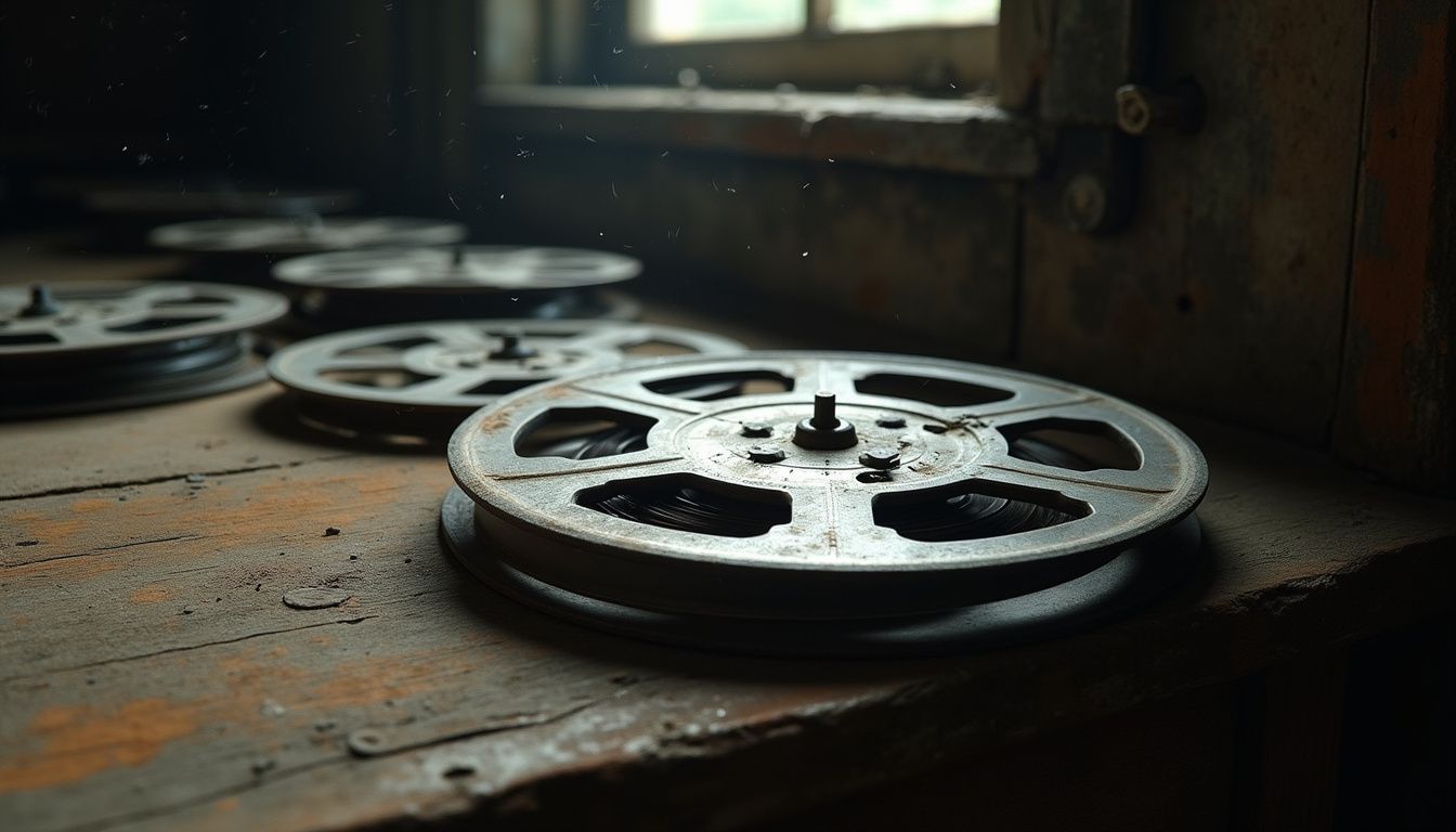 Technician inspecting film reels in an archive