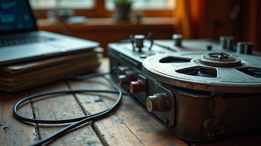 A reel-to-reel recorder on a desk, early proof of studio innovation.